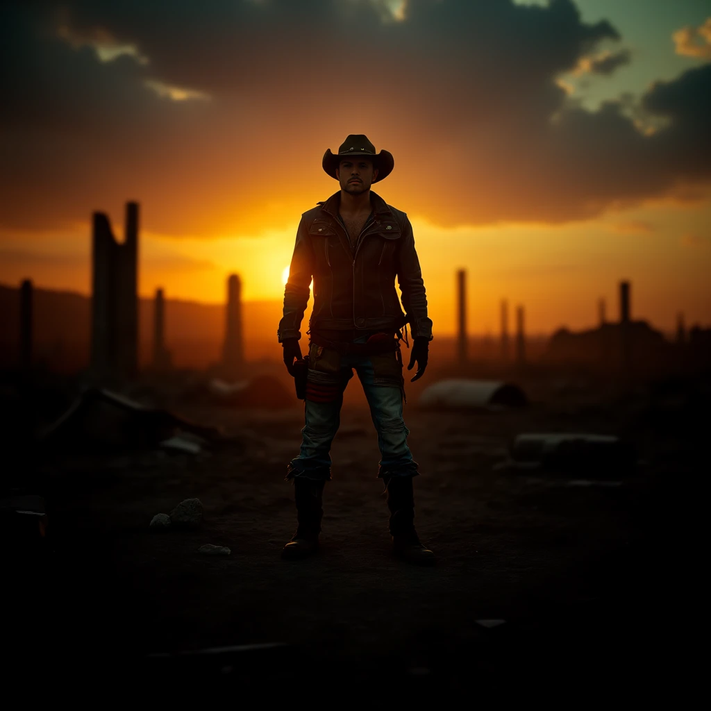 In a world where civilization has fallen, a retro-styled post-apocalyptic survivor stands tall amidst the ruins, forever frozen in an intense and highly detailed HDR photograph. As the sun sets, volumetric lighting casts deep, clear shadows and highlights across the wasteland, creating an atmospheric and moody image. The survivor's clothing, a patchwork of rugged, weathered fabrics, hints at a past life now faded and tattered. Their stance exudes a sense of determination and strength in the face of adversity, embodying resilience and defiance in a world where survival is a daily struggle. The vivid colors and realistic textures of the scene capture the essence of a world forever changed by catastrophe, while the survivor remains a beacon of hope, their image a hauntingly beautiful portrait of life in a post-apocalyptic world.  <lora:flux_trainer/postApocalypse_v1_rank64_bf16:0.8>, <lora:flux/Sinfully_Stylish_.02_for_FLUX-000002>, <lora:flux/aidmaImageUpgrader-FLUX-V0.1>, detailmaximizer, <lora:flux/perfection style v1>, perfection style,