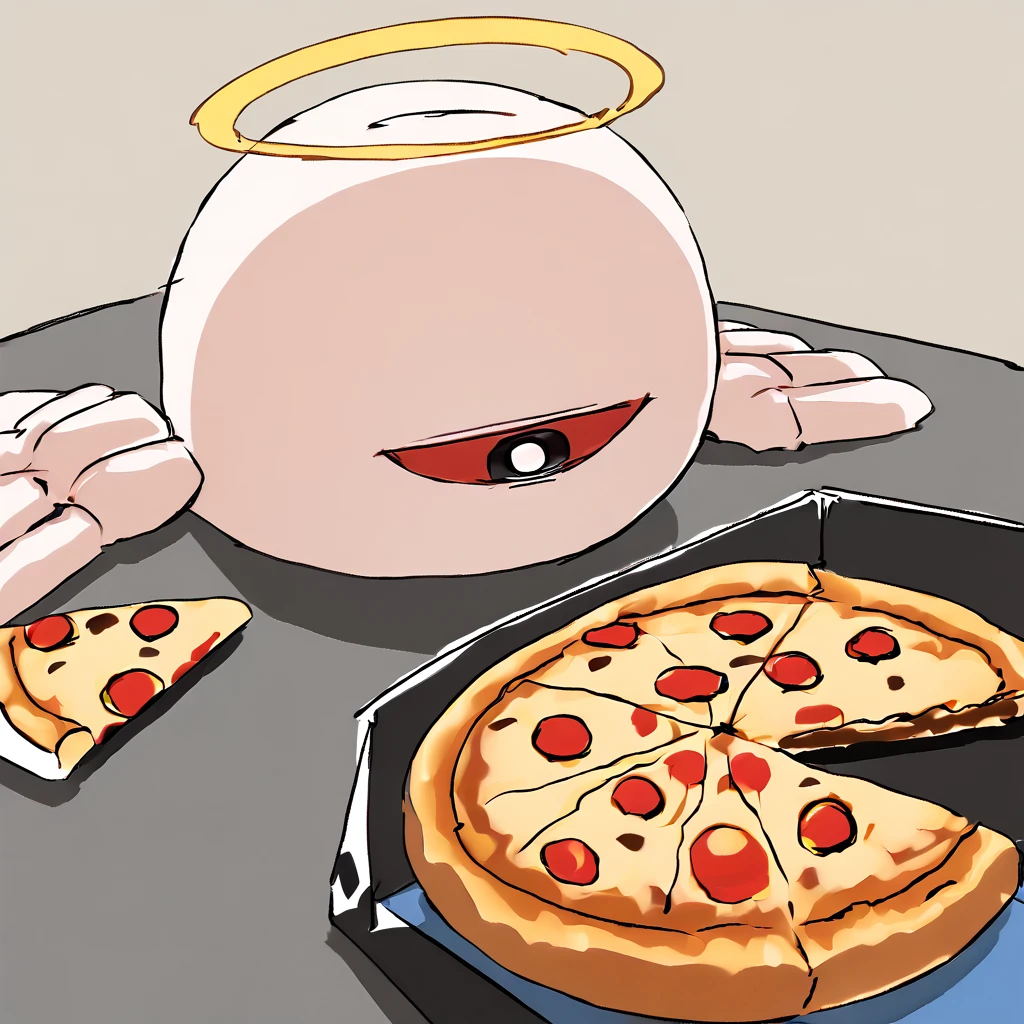 <lora:02_v2:1> 02kirby, 1other, solo, cyclops, red sclera, colored sclera, black eyes, white pupils, bright pupils, halo, wings, no humans
 <lora:ManLevitatingPizzaMeme_pdxl_Incrs_v1:1> ManLevitatingPizzaMeme, pizza, pizza box, pizza slice, eyes closed