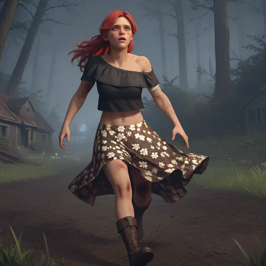 score_9, score_8_up, score_7_up, score_6_up, score_5_up, score_4_up, <lora:megthomas02:0.8>,megthomas,ginger hair, blue eyes, long hair, skirt, floral skirt, slit skirt, navel, bare shoulders,black top, red hair, midriff, piercing, boots, fortune teller, tall grass, mud, building, knee injury,running,dark forest,night,anxious,speed lines,dynamic scene,solo,blood,wounded