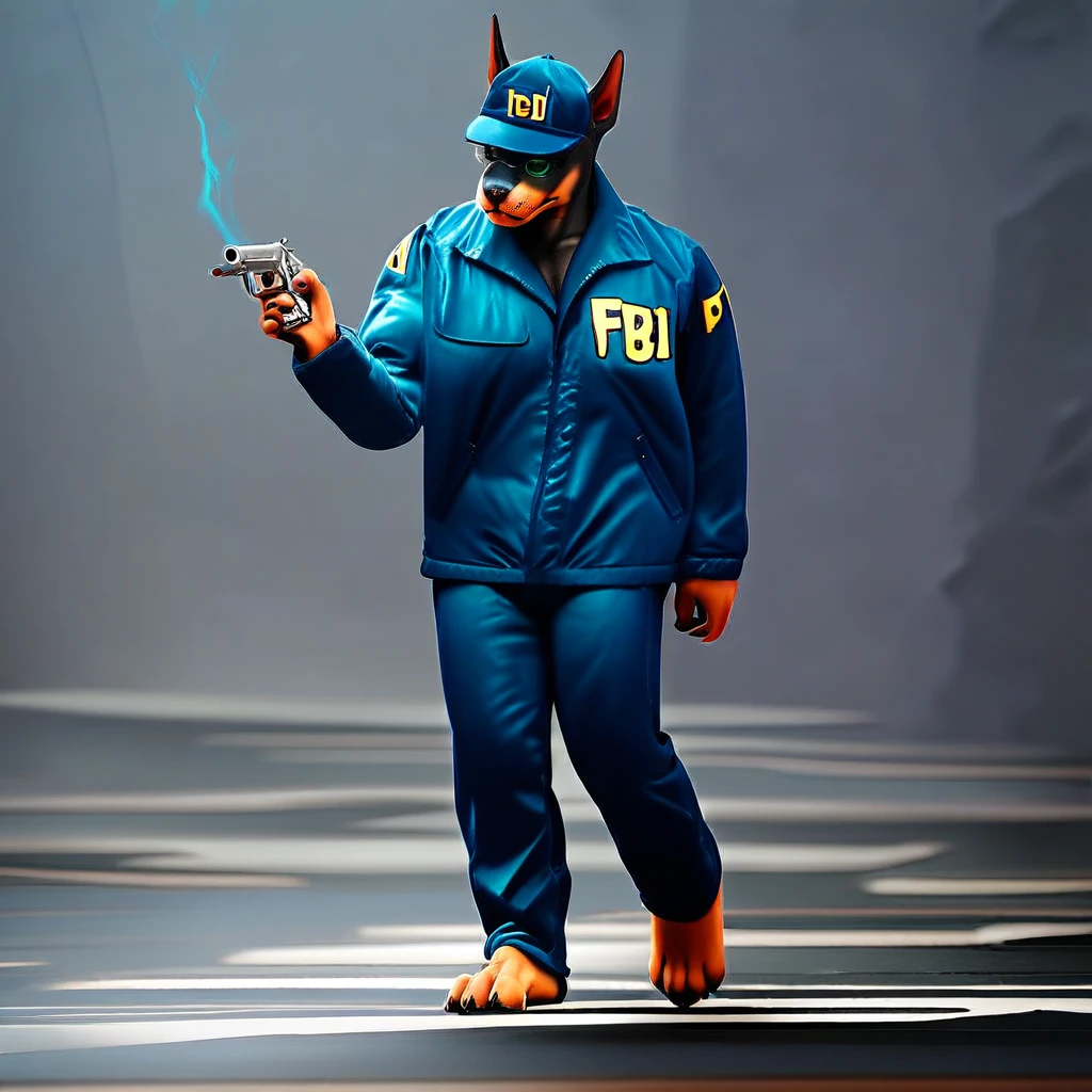 score_9, score_8_up, score_7_up, (((source_furry))), (((barefoot))), (((furry male))), full body, dynamic pose, dynamic composition, Muscular anthro furry Doberman with green eyes, (((wears blue FBI_outfit, FBI jacket and blue FBI baseballcap))), wears long blue pants, wears black toeless boots, sneaking through a deserted sewer, cowering behind a wall, holding a revolver in both hands, holding glock, hi-tech communicator in one ear, glasses for night vision