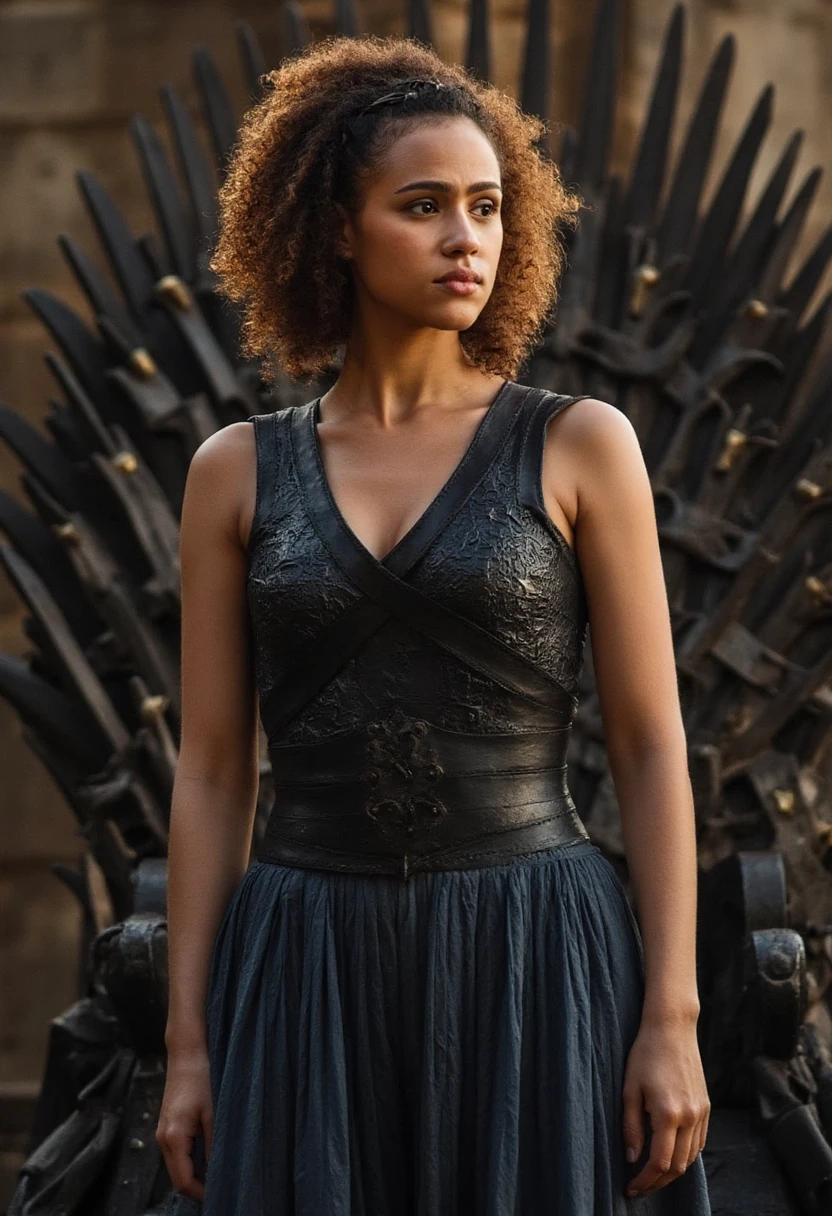 missagot, upper body photograph of a woman, wearing game of thrones styled clothing, sitting on the iron throne