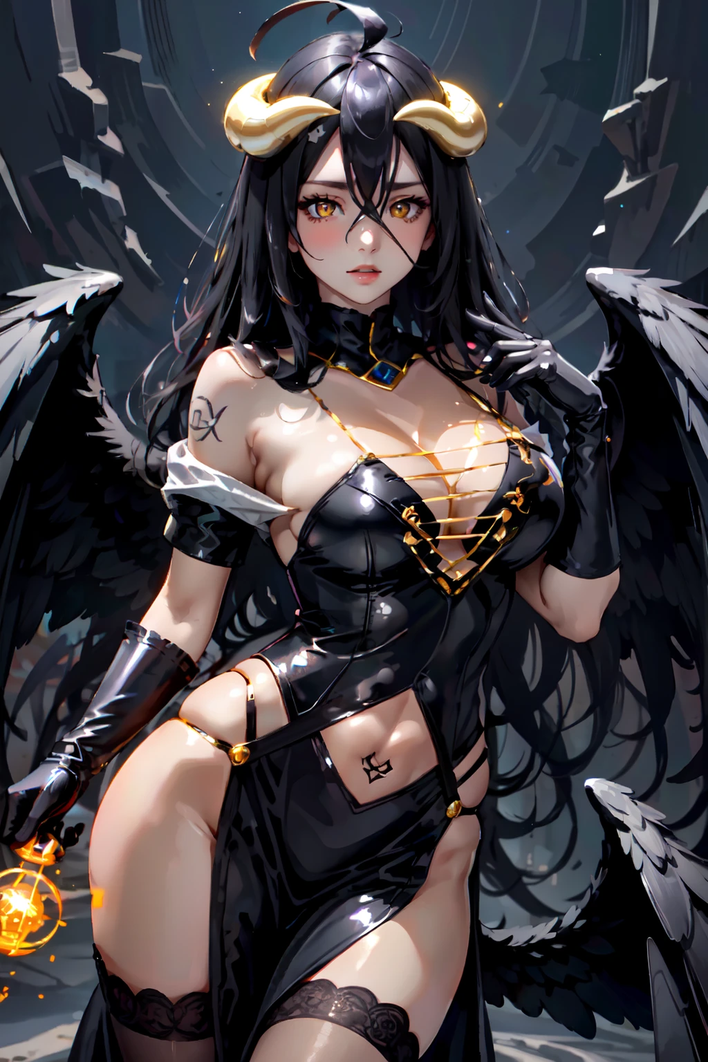 1girl, huge breasts focus, solo, horns, long hair, albedo (overlord), wings, large breasts, dress, hip vent, black wings, white gloves, gloves, looking at viewer, black hair, white dress, bare shoulders, hair between eyes, yellow eyes, feathered wings, demon horns, smile, feathers, demon girl, cleavage, slit pupils, detached collar, bangs, very long hair, closed mouth, black feathers, cowboy shot, covered navel, elbow gloves, white horns, standing, demon wings , hands on breast, breast focus,Breast kneading