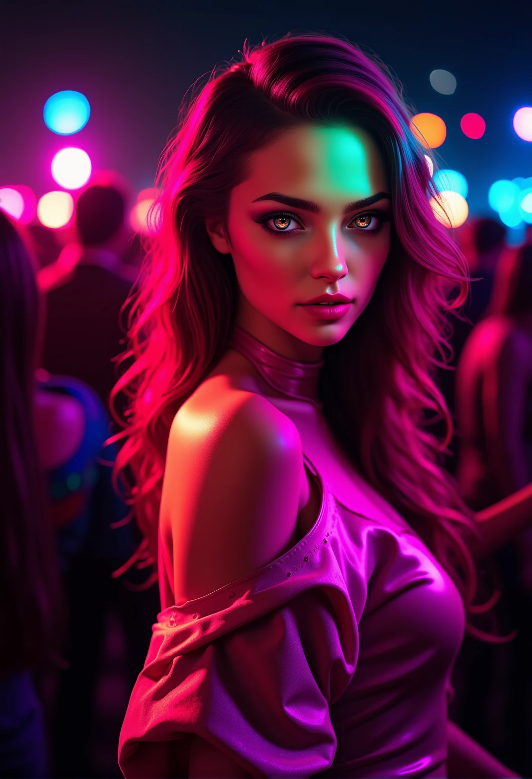 bv-betdigpor. A young woman with vibrant expressions at a futuristic music festival with laser lights. The scene is illuminated by flickering torch flames. The image showcases a stunning portrait, focusing on flawless skin, vibrant colors, and deep contrasts, capturing the essence of the event and atmosphere. , <lora:bv-better-digital-portrait.safetensors:1.0:1.0>