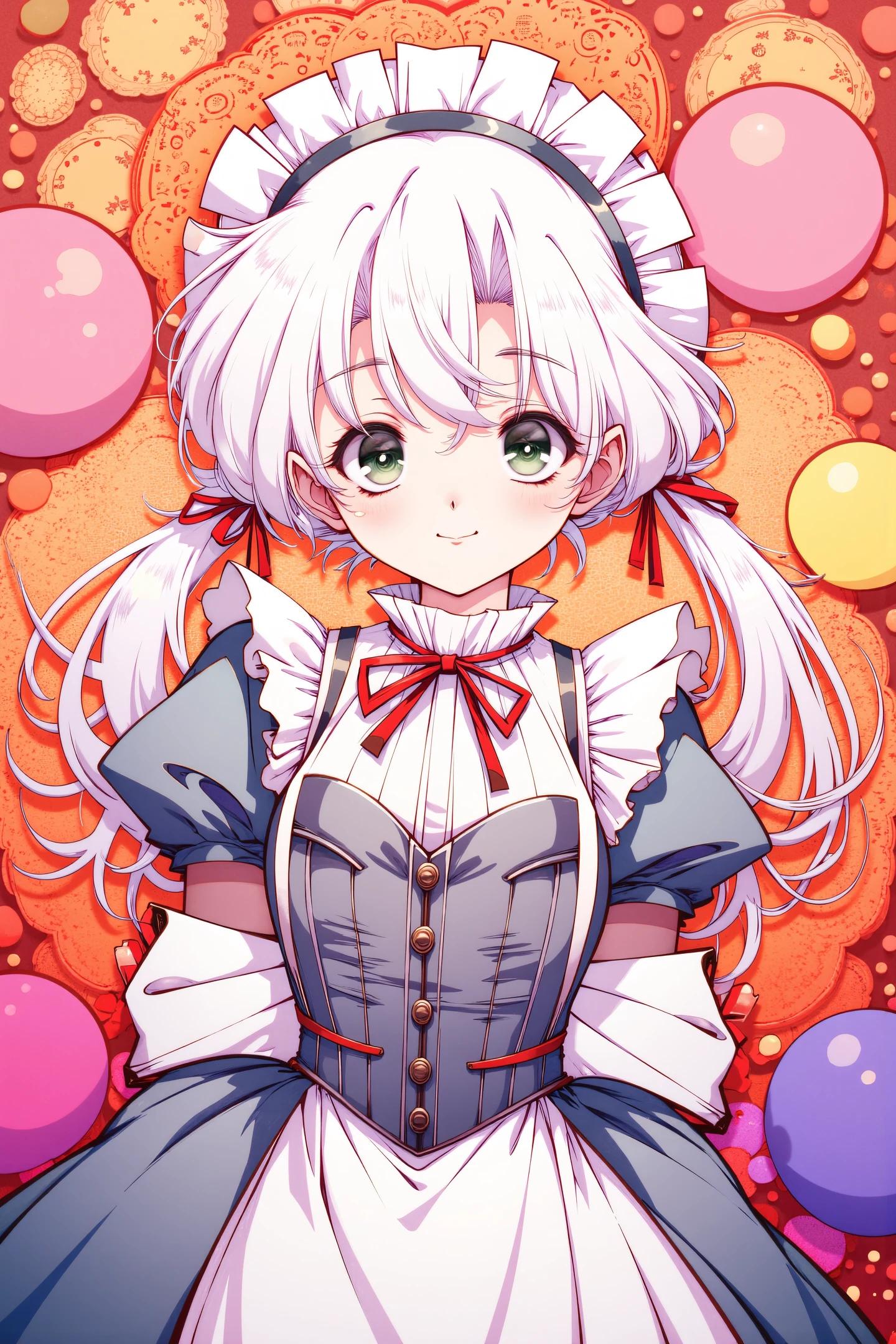 1girl,solo,maid,looking at viewer,maid headdress,long sleeves,red ribbon,smile,ribbon,apron,white hair,juliet sleeves,puffy sleeves,hair between eyes,breasts,green eyes,frills,closed mouth,corset,dress,twintails,
The background is a vibrant mix of abstract,swirling patterns in shades of red,orange,and blue,with large,spherical shapes in various colors scattered throughout.,
<lora:Old Fashioned Celluloid_FLUX:1>,