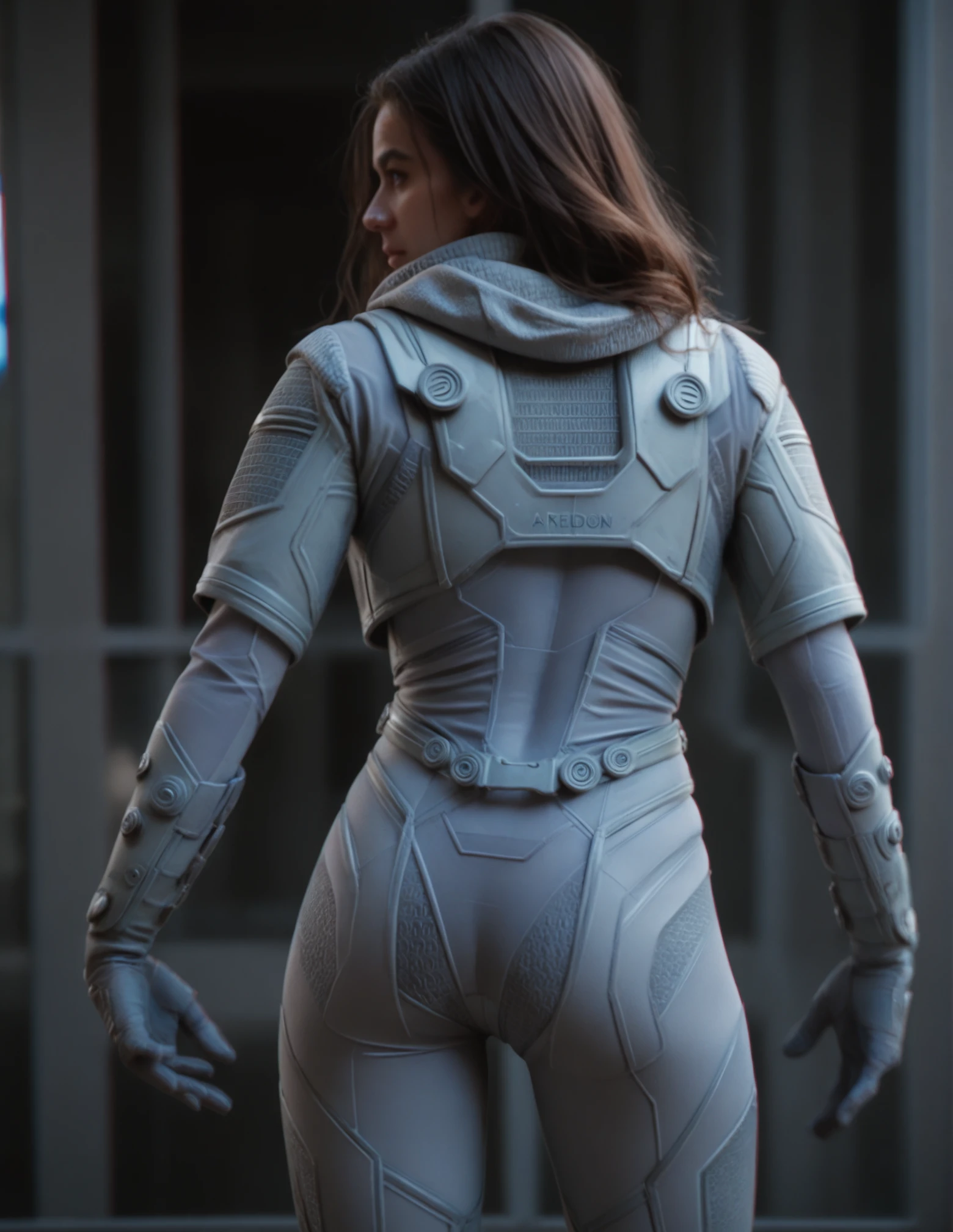 1girl, bodysuit, sci-fi, (reflections), (chromatic aberration), back view, looking at the viewer. hands open, perfect waist<lora:MCU_Ghost:0.8> mcu_gh05t, score_9, score_8_up, score_7_up, score_6_up