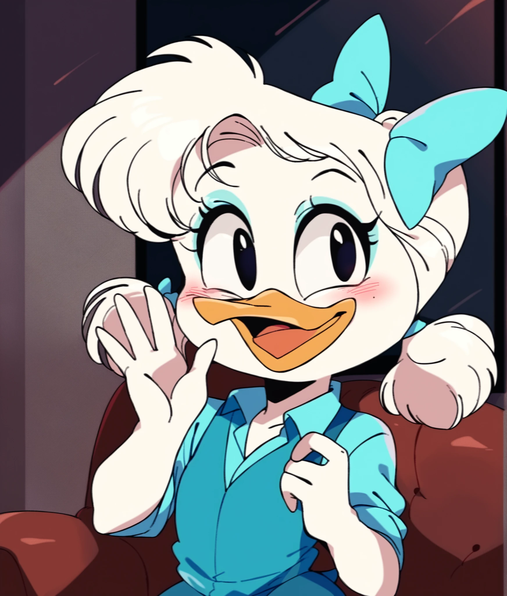 score_9, score_8_up, score_7_up, score_6_up, best quality, highres, source_furry (indoors, sofa:1.2) (vum)
1girl, solo, junepdxl, (duck, beak:1.2), white body, white hair, upper body, pigtails, blue bow, black eyes, eyeliner, blue dress shirt, blue skirt, blue vest, blush, happy, looking away, squinting:1.2, waving, hair bow, white arms, white skin, short hair, young <lora:May_and_June:0.8>