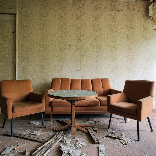 round wooden table with a glass top sits between the chairs and sofa, including broken tiles and wood fragments, peeling plaster ceiling, are now covered in peeling wallpaper and exposed, with visible rust on the metal legs., allowing soft, floral-patterned wallpaper in shades of beige and light brown. A worn, with a focus on the forgotten and the decayed., abandoned room with a sense of neglect and decay. The walls are covered in faded