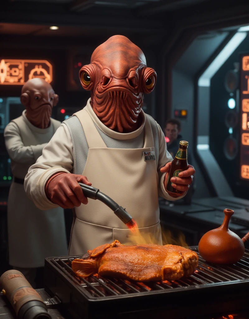 Amiral Ackbar is a anthropomorphic calamar. He is wearing an apron and is cooking fish at the barbecue in a spaceship. He is holding a beer bottle <lora:Amiral_AckbarV2:0.9>