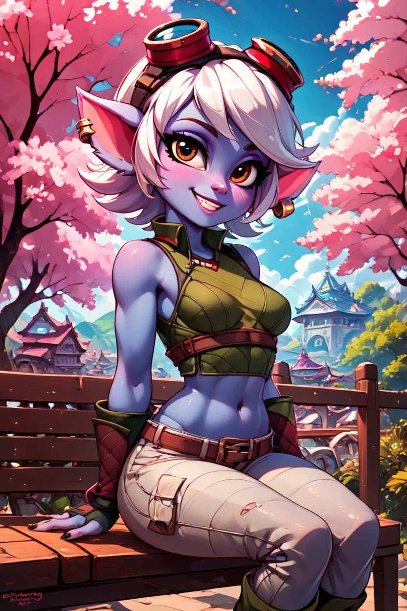 score_9, score_8_up, score_8, medium breasts, (curvy), cute, eyelashes,       BREAK, ,  zztristana, navel, goggles, goggles on head, bare shoulders, white hair, earrings, pants,  <lora:Tristana_PDXL:0.8>, BREAK, sitting on bench, side view, smile, looking at viewer, cowboy shot,  BREAK, pnkBldng, sky, day, cloud, tree, blue sky, building, architecture, east asian architecture,  BREAK, embedding:zPDXL, Expressiveh,  <lora:PinkBuildingsPDXL_v2:0.6>,  <lora:SDXLFaeTastic2400:0.5>,  <lora:Expressive_H-000001:0.4>