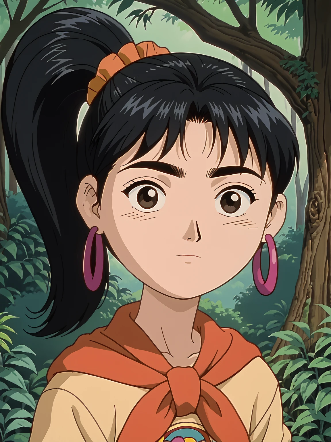 1girl, solo, <lora:Ellie (Sprite Fright):0.9> elliesf, black hair, ponytail, earrings
score_7_up, source_anime, looking at viewer
1990's ///(Style///), vintage anime,  <lora:90s_Retro_anime_style_Pony:1>
woods