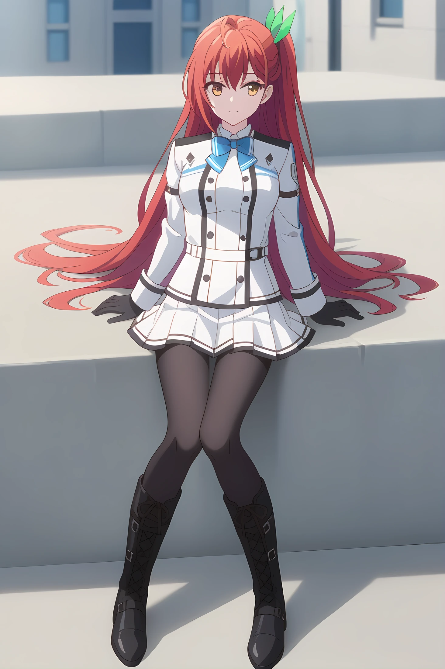 (white jacket white skirt black pantyhose black boots:1.20), gg-leoleshea, red hair, long hair, hair ribbon, medium breasts, 1girl, solo, (skinny, petite), score_9, score_8_up, score_8, score_7_up, score_7, score_6_up, score_6, score_5_up, score_5, source_anime, happy, sunset outdoors, (1.3::full body|0.3::sitting|0.4::standing|0.4::lying|straight-on|0.6::close-up| :1.20), feet, <lora:gg-leoleshea-V01-000003:0.80>