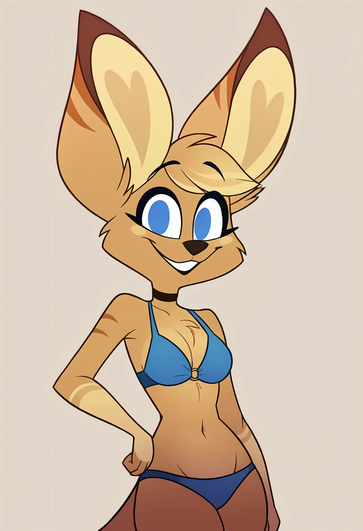 source_cartoon, source_furry, rating_safe, score_9, score_8_up, score_8, cowboy shot, simple background, BREAK
<lora:Kayla Christling:0.8>, Kayla Christling, solo, kangaroo, smiling, beautiful face, clear focus, looking at viewer, blue bikini, sexy pose, happy, close up, face focus, cute