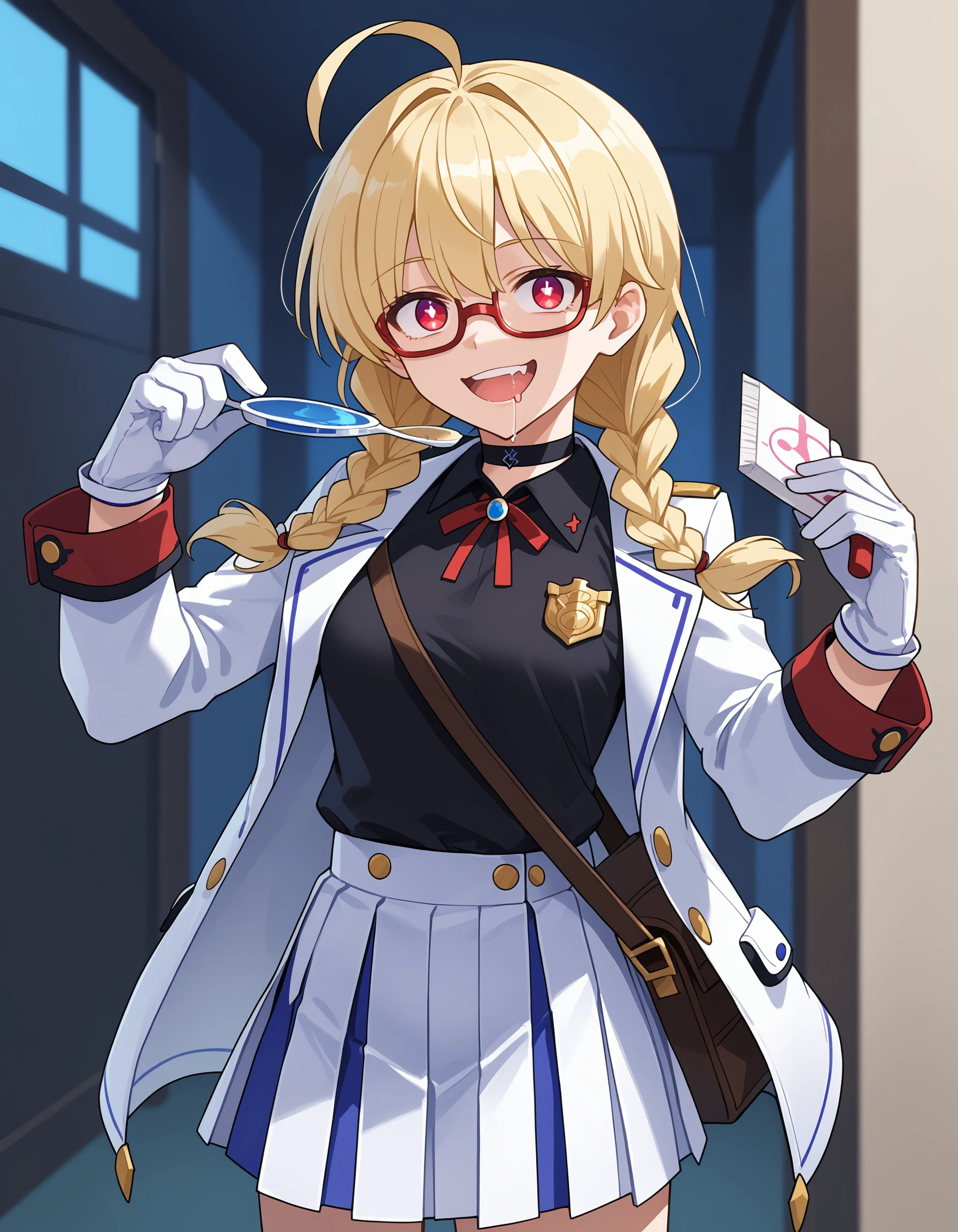 (masterpiece), best quality, expressive eyes, perfect face,  1girl, black shirt, shirt, skirt, drooling, white skirt, braid, glasses, pleated skirt, open mouth, holding, jacket, smile, long hair, twin braids, bag,miniskirt, gloves, ahoge, white jacket, red-framed eyewear, long sleeves, cowboy shot, white gloves, choker, mouth drool, bangs, add_edward, <lora:275a041d-5f67-4337-91c6-e8f1b3fa0918:0.7>