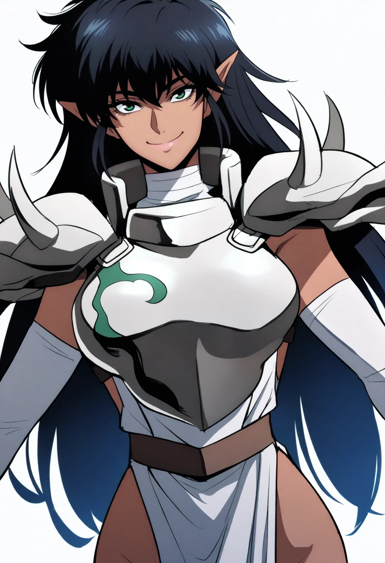 best quality, amazing quality, very aesthetic, absurdres,
1girl, arshesnei, black hair, long hair, green eyes, pointy ears, dark skin, 
breastplate, shoulder armor, armor,
upper body, smile, looking at viewer, solo, simple background, white background <lora:ArshesNeiIllustriousXL_byKonan:1>