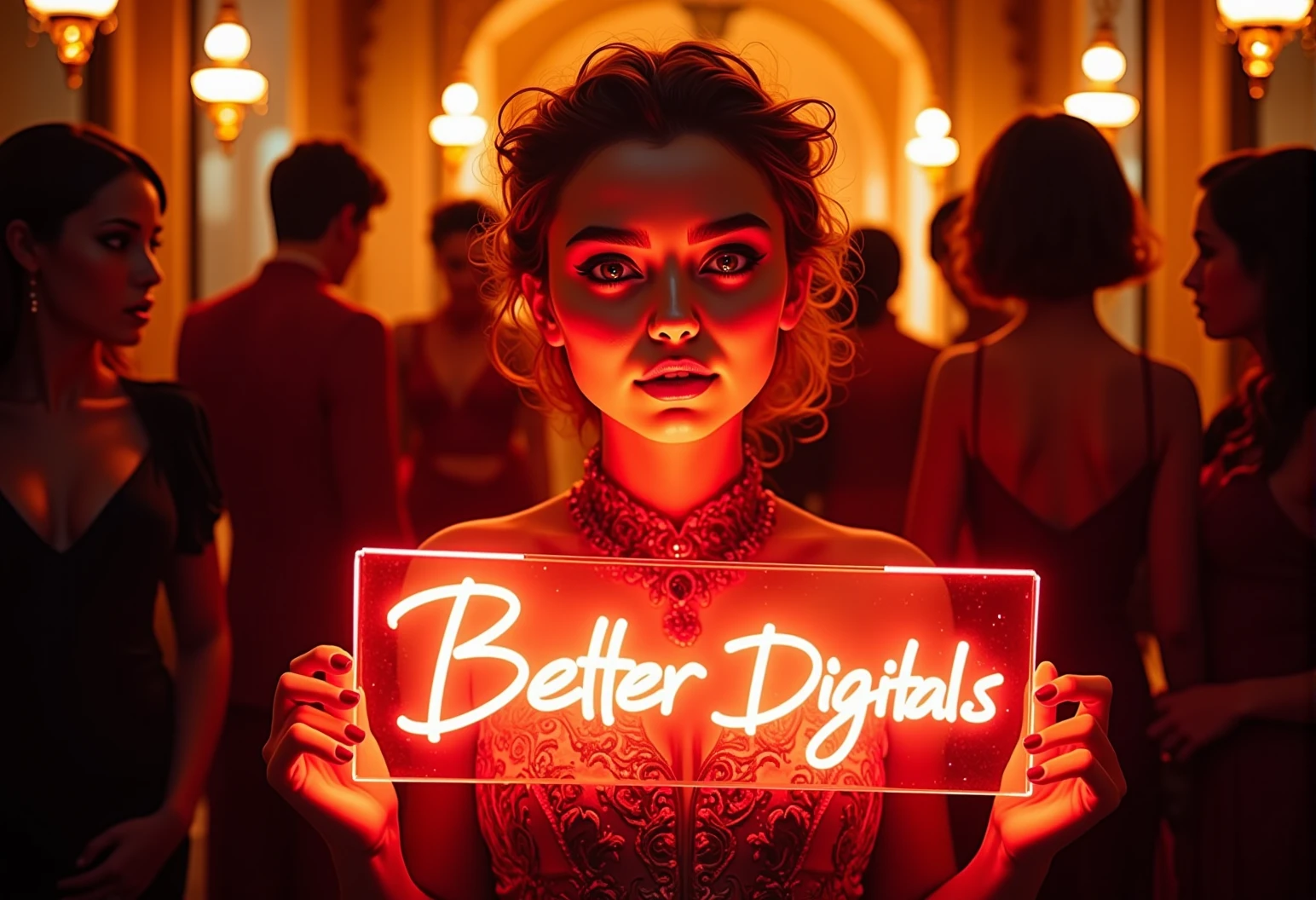 bv-betdigpor. A young woman with vibrant expressions at a glamorous masquerade ball. The scene is illuminated by warm golden evening sunlight. The young woman is holding or displaying a clear sign that reads "Better Digital Portraits", in a glowing neon sign. The image has a "Better Digital Portraits" aesthetic, focusing on flawless skin, vibrant colors, and deep contrasts. , <lora:bv-better-digital-portrait.safetensors:1.0:1.0>