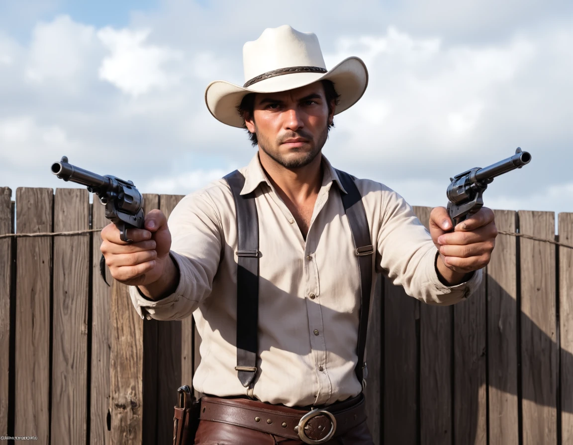 b4a photograph of a man in a cowboy outfit. He is wearing a white cowboy hat with a wide brim and a button-down shirt. He has a belt with a holster attached to it and is holding two revolvers in his hands. The man is standing in front of a wooden fence with a cloudy sky in the background. He looks confident and determined, with a serious expression on his face. The photograph is likely from a movie or TV show., dual wielding, aiming, cocking revolver.  <lora:B4A_Wild_West_-_Flux1-000018:1>, shadow casting,