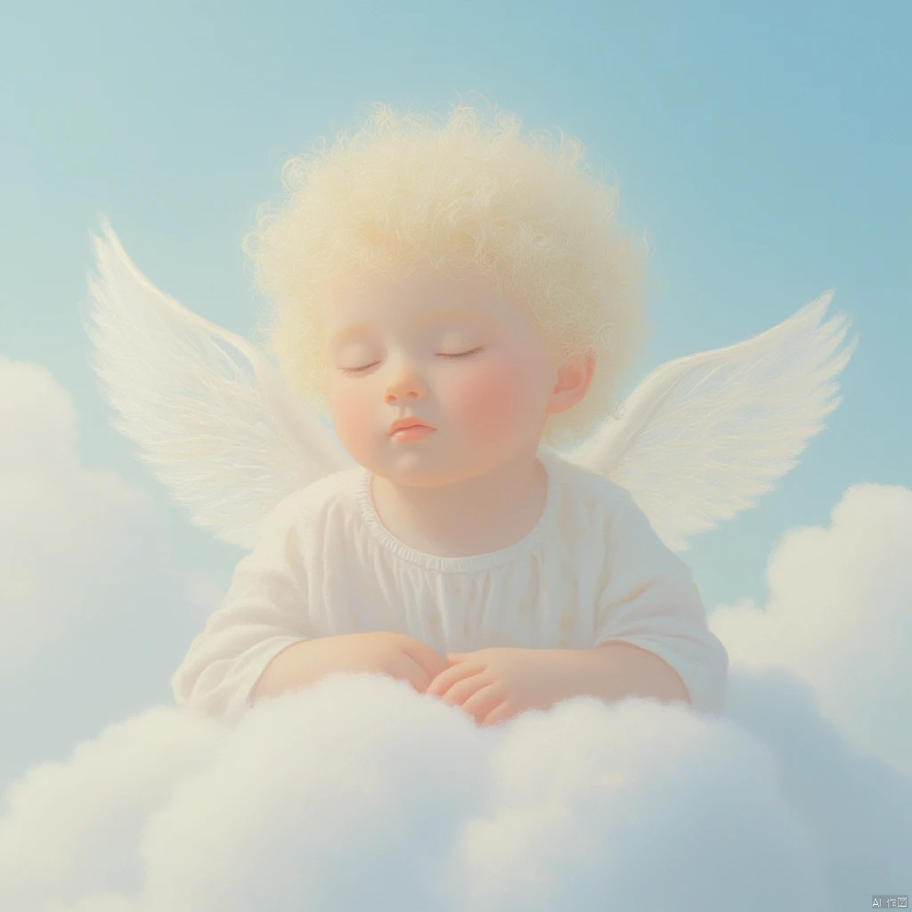 A gentle, ethereal light bathes a whimsical scene as a little boy with delicate, transparent wings floats effortlessly on puffy white clouds, his cherubic features and fluffy hair radiating purity and innocence. Soft focus blurs the edges of the clouds, emphasizing their dreamy softness.