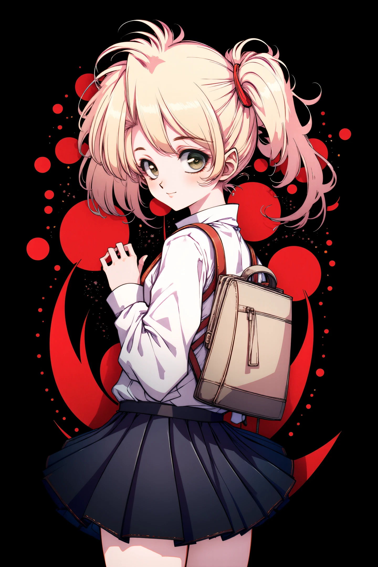 1girl,backpack,solo,skirt,bag,twintails,randoseru,long hair,looking at viewer,shirt,smile,white shirt,blonde hair,pleated skirt,closed mouth,long sleeves,ribbon,cowboy shot,
The background is a dark,almost black,with splashes of red and white,creating a stark contrast that makes her stand out.,
<lora:Old Fashioned Celluloid_FLUX:1>,