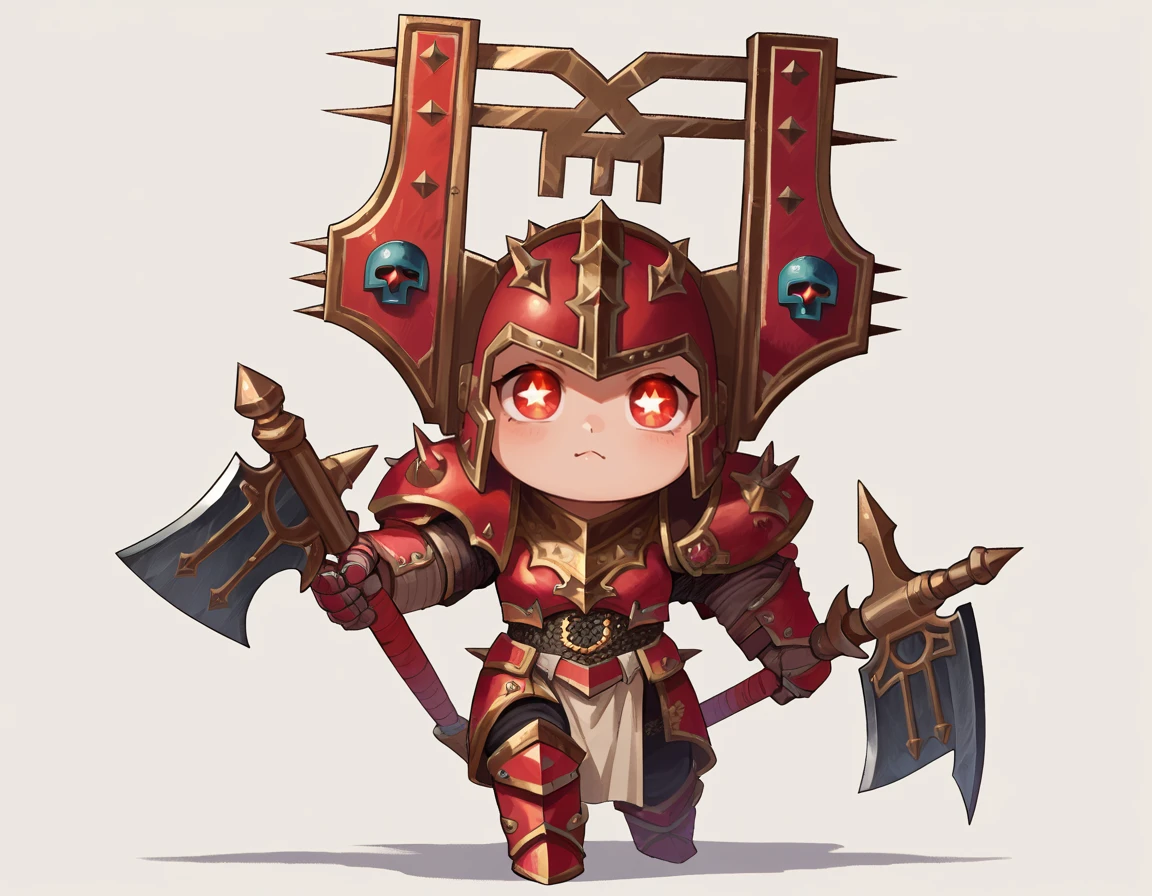 score_9, score_8_up, score_7_up, 2d, cartoon, source_cartoon, chibi, cute, blank background,
ChosenOfKhorne, armor, helmet, glowing eyes, red eyes, holding weapon,
<lora:ChosenOfKhorne:0.8>