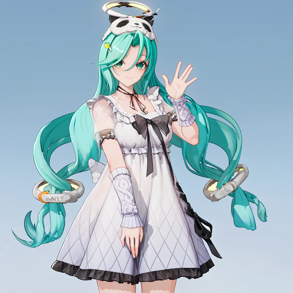 zPDXL3, 1girl, solo  camille, twintails, green eyes, bangs, aqua hair, very long hair, long hair, low-tied long hair, halo, yellow hairclip, dress, white dress, frilled dress, bow, black bow, frills, short sleeves, ribbon, see-through, mask on head, socks,
 cowboy shot, looking at viewer, blush,  smile, waving, 
<lora:Camille_r2:0.85>