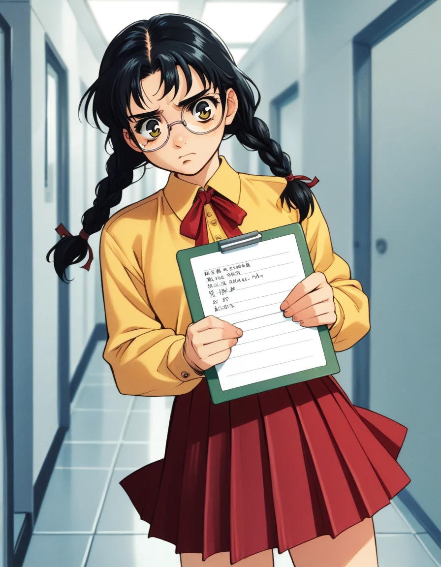 score_9,  score_8_up, score_7_up, <lora:peridot-voice-ponyxl-000022:0.8> a0bak3i, black hair, glasses, twin braids, school uniform, yellow shirt, red ribbon, pleated skirt, red skirt, miniskirt,
1girl, solo, holding clipboard, hugging object, looking down, annoyed, hallway, school