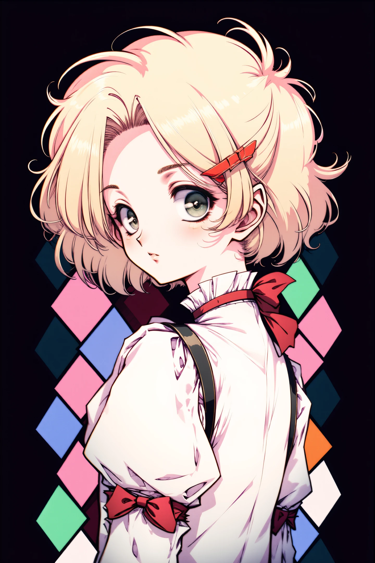 1girl,solo,blonde hair,hairclip,hair ornament,short hair,ribbon,looking at viewer,upper body,hair bow,bow,puffy sleeves,expressionless,red ribbon,juliet sleeves,closed mouth,long sleeves,from side,
The background is dark,consists of a geometric pattern of diamond shapes in pastel colors,including pink,blue,orange,and white,adding a sense of whimsy and vibrancy to the image.,
<lora:Old Fashioned Celluloid_FLUX:1>,