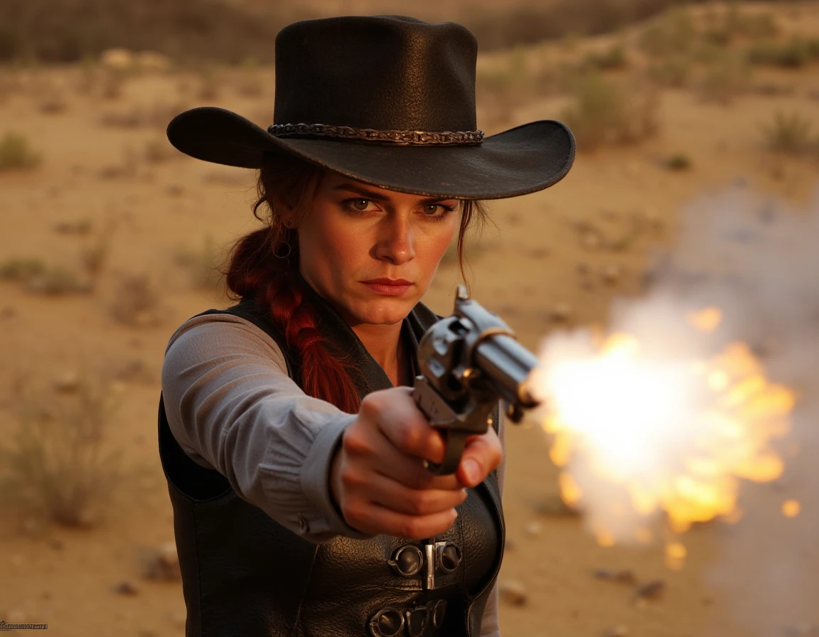 a b4a female cowboy shooting her revolver in direction of the viewer, intricate details, <lora:B4A_Wild_West_-_Flux1-000015:1>, gun smoke, muzzle flash, <lora:Flux LoRA RDR2:0.2> in the style of RDRGM