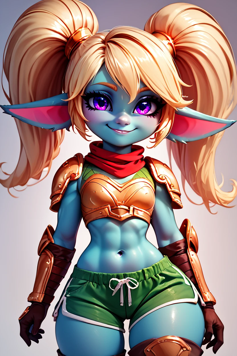 score_9, score_8_up, score_8, medium breasts, (curvy), cute, eyelashes,       BREAK, , zzPoppy, purple eyes, blonde hair, twintails, blue skin, golden armor, red scarf, green snakeskin shirt, green snakeskin pants, brown boots, <lora:Poppy_PDXL_v1:0.8>, , BREAK, (dolphin shorts:1), smile, closed mouth, looking at viewer, cowboy shot, ,,, embedding:zPDXL, Expressiveh, ,,, <lora:BeautifulCAT_PDXL:0.8>, <lora:SDXLFaeTastic2400:0.5>, <lora:Expressive_H-000001:0.4>,