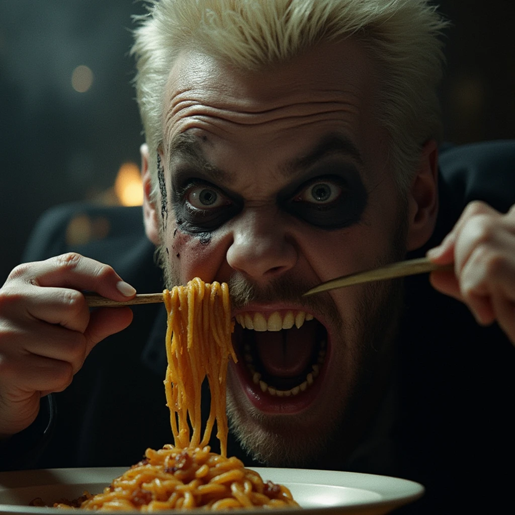 David the vampire eating noodles with worms inside