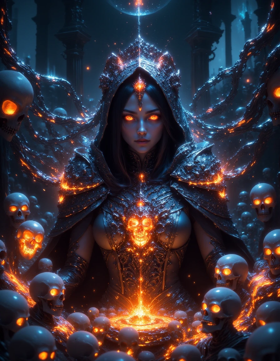 A cinematic shot of a beautiful and evil hooded female necromancer, beautiful face features and black long hair, wearing skull armor, summoning orange glowing skeletons around her, glowing skulls, magical effects, cemetary in background, hkdeath, fsstyle<lora:LivingDeathFlux-000001:0.85> <lora:fsstyle:1>