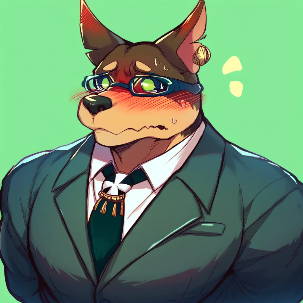 score_9, score_8_up, score_8, furry, Xolotl, Doberman, green eyes, glasses, cartoon style, 2d, muscular male, huge pecs, solo, upper body focus, suit, necktie, arms behind back, blush, looking away, facing forward, nervous expression, blush, green background