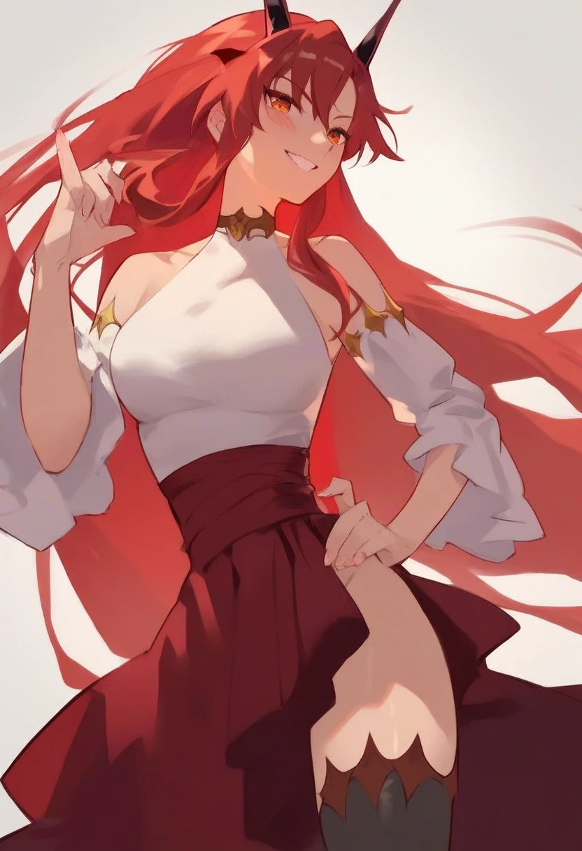 A stunning cat girl with an irresistible allure, her beauty enhanced by her vibrant red hair that cascades down her back in soft, gentle waves. Her striking emerald green eyes are framed by long, thick eyelashes, and her porcelain skin seems to glow in the warm light. She stands with her legs slightly bent, her hands resting delicately on her slender hips, accentuating her curvy figure. Her tail, adorned with a fluffy, red fur, swishes gently back and forth, adding to her feline charm. She wears a fitted, crimson dress that hugs her curves, its hemline ending just above her knees, revealing her smooth, pale legs. Around her neck, she has a collar adorned with a small, silver bell, a symbol of her feline nature. The background is a soft, pastel shade of pink, adding to the ethereal atmosphere of the image. Her red hair and green eyes seem to glow against the pale pink backdrop, making her appear even more striking and enchanting.