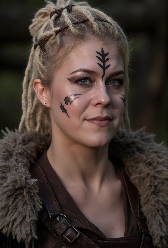 Mieze Musch-Musch is a woman viking warrior with face paint. She wears a leather light armor with straps and fur.closeup face protrait  <lora:Mieze_Musch-Musch:0.9>