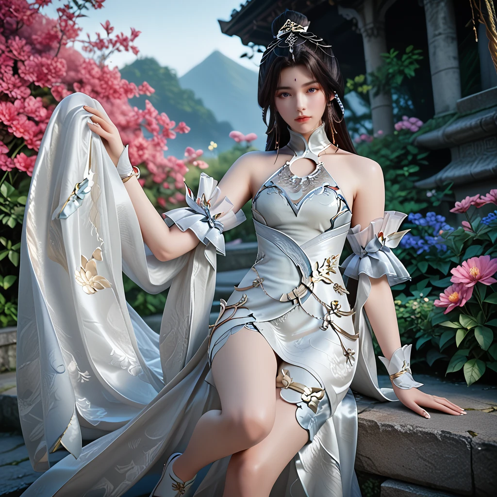 <lora:ponyyuechan1v:1>,score_9,score_8,score_7_up,yuechan,looking at viewer,white chinese clothes,gold detailing,collar,white arm bands,white wrist support,white shoes,flowers,