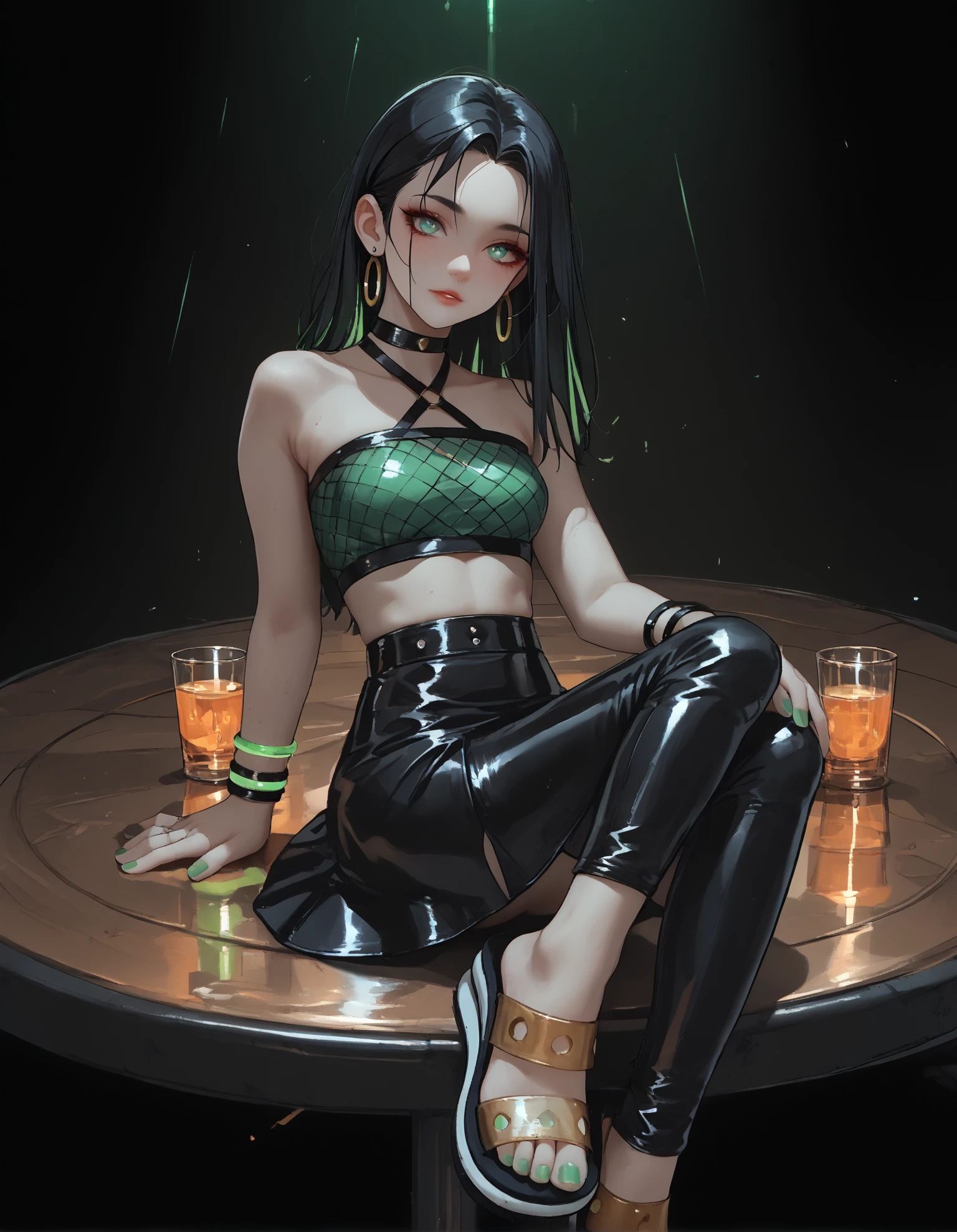 score_9, score_8_up, score_7_up, score_6_up, score_5_up, score_4_up, source_anime,
1girl,
sitting on table, 
nightclub,
latex skirt, black fishnet tubetop, neon green bikini top,
black hair,
(ï»¿uf0 sandals), (toenail polish), feet, toes, perfect feet,
glowing green footwear,
ï»¿j3lly bracelets, glowing neon bracelets,
dark, dark background, Low-key lighting,
embedding:zPDXL2 ,