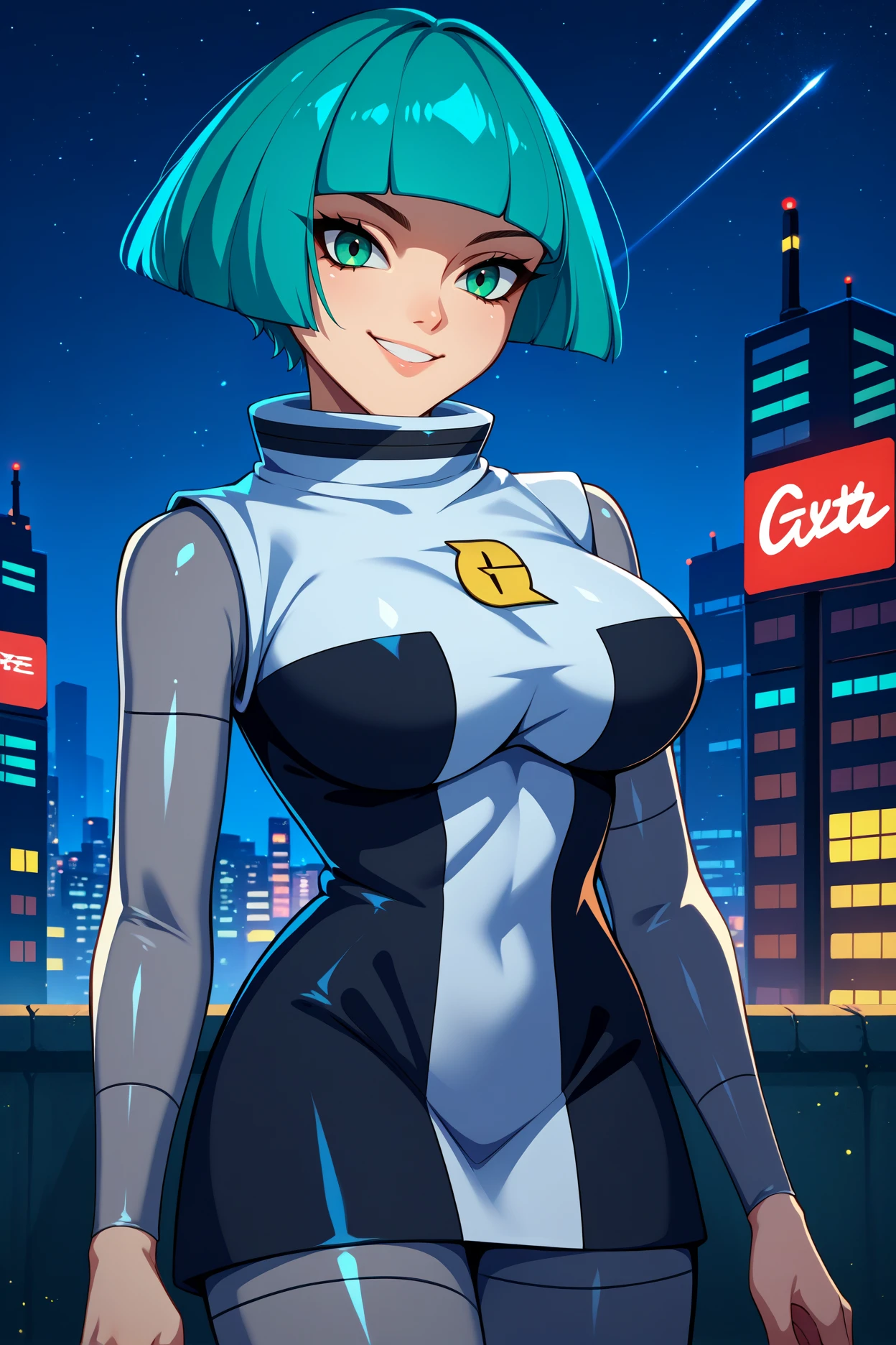 score_9, score_8_up, score_7_up, score_6_up, source_anime, 1girl, solo,  <lora:pkmntgg-pdxl-nvwls-v1-000005:1> pmtgg, cyan hair, short hair, blunt bangs, green eyes, black and white dress, two-tone dress, grey bodysuit, bodysuit under clothes, grey pants, large breasts, looking at you, upper body, night sky, city, night, smile, portrait