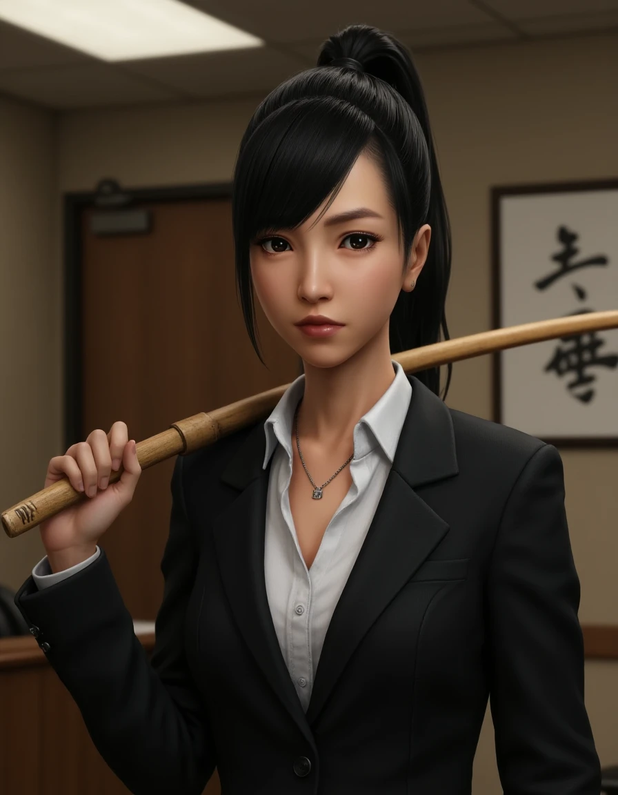 <lora:Haruka_Sawamura:0.8> Portrait of hrkswmr holding a wooden katana on her shoulder. She has side-swept ponytail and is wearing a black suit, white formal shirt and necklace. She has a very serious expression. The background implies the interior of a yakuza office.