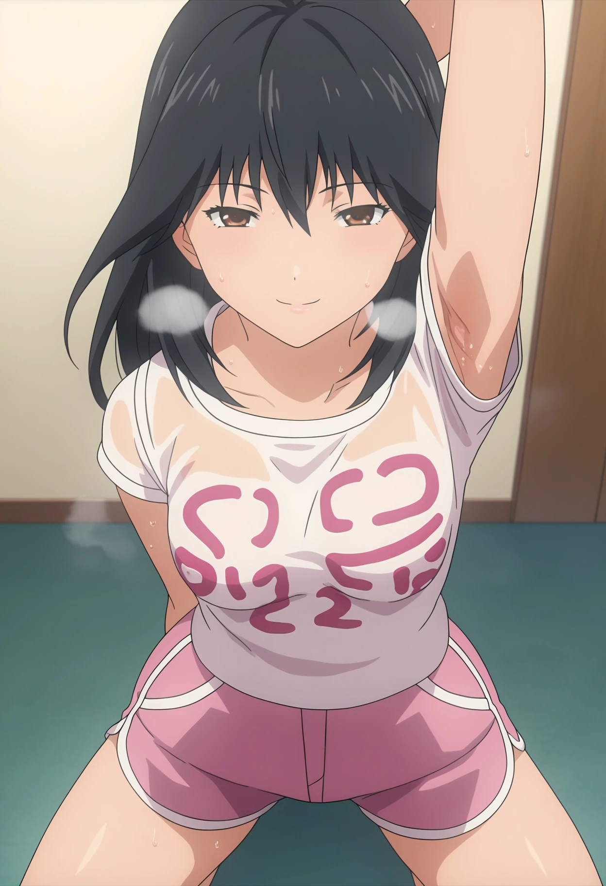 score_9, score_8_up, score_7_up, source_anime, 
BREAK
1girl, solo, anime screencap, anime coloring, 
<lora:shiMisakiV1:1.0> mispink, black hair, brown eyes, long hair, 
white shirt, t-shirt, pink shorts, dolphin shorts, clothes writing, 
from above, kneeling, arm up, armpits, see-through, 
looking at viewer, seductive smile, half-closed eyes, sweat, heavy breathing, steaming body,