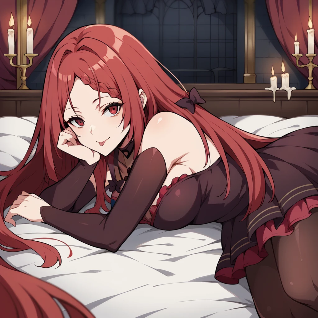 score_9_up, score_8_up, score_7_up, source_anime, 1girl, solo, Elisabeth, gothic castle, candles, bedroom, lying on side on bed, head rest, naughty smile, tongue, closed mouth, looking at you, red hair, long hair, red eyes, pantyhose, pleated skirt, layered skirt, frilled skirt, frilled dress, maroon sleeves, dark red sleeves, long sleeves, strap dress, shoulder straps, necklace, covered collarbone, dark red bow, braided bangs, covered breasts, maroon dress, dark red dress, mature body, dynamic cowboy shot, indoors, gothic background