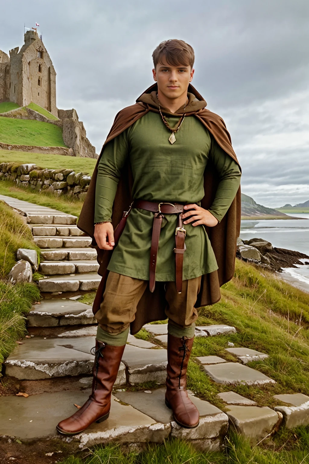 beach, Lindisfarne Castle on a hill in the background, JuicyJC, norsemenclothes, green tunic, brown cloak, cape, leather satchel, leather belt, leather vambrace, green pants, boots, <lora:JuicyJC:0.8> <lora:NorseMenClothes:0.8>