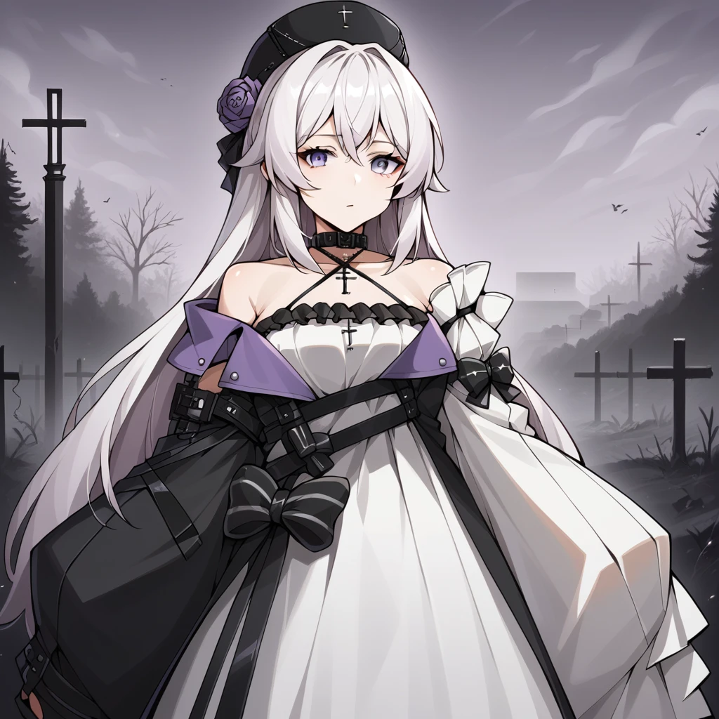 score_9_up, score_8_up, score_7_up, source_anime, 1girl, solo, Hela, AG_Def, dense forest, fog, mist, coffin, graves, spooky, purple sky, bored, standing, pouting, looking at you, raised hands, white dress, criss-cross halter, halterneck, sleeves past wrists, detached sleeves, black choker, cross necklace, black bow, black headwear, hat, white hair, purple eyes, very long hair, bare shoulders, black straps, big bow, long dress, off-shoulder coat, black coat, wide sleeves, mismatched sleeves, asymmetrical sleeves, white sleeves, black sleeves, single detached sleeve, mature body, dynamic cowboy shot, outdoors, graveyard background