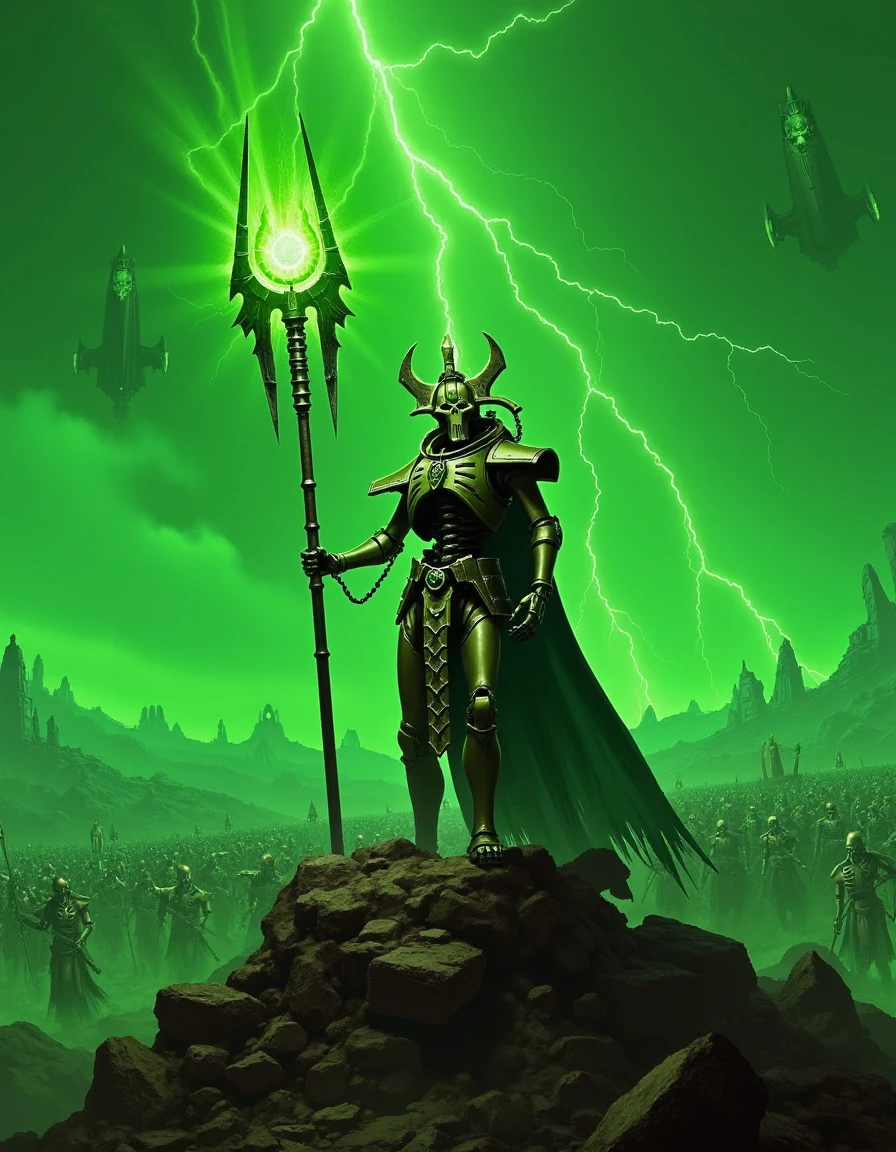 In photorealistic detail, a Necron stands atop a ruined battlefield, shrouded in green mist, its glowing staff raised high as legions of skeletal warriors march below. The sky crackles with green energy and distant, shattered starships glow faintly in the background.