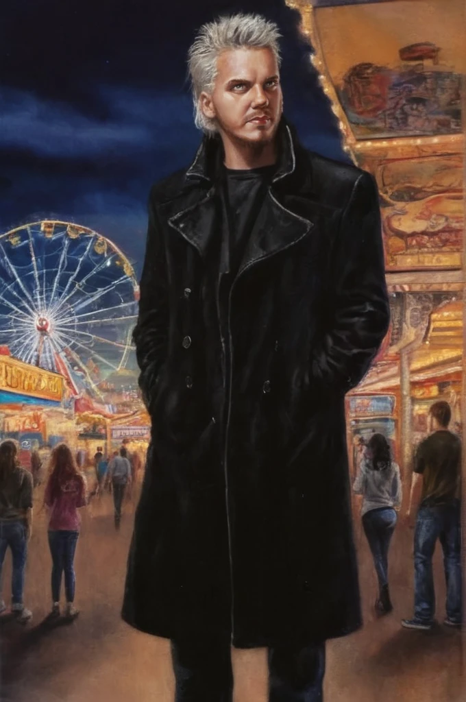 r0y0 style, illustration of d4v1d man, at santa cruz boardwalk, night, black coat, highly detailed painting, high contrast  <lora:r0y0:0.8> <lora:d4v1d:1>