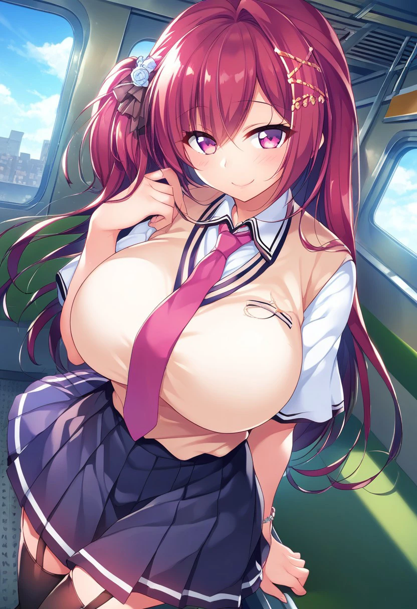 ASAMIKEI, red HAIR, PONYTAIL, LONG HAIR, SIDELOCKS, PURPLE EYES,, large breasts, live stage,  solo nipple 