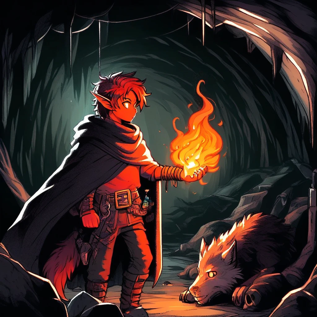 glowing, belt, cloak, fire, hermes, solo, wolf, sheath, pointy ears, cave, holding