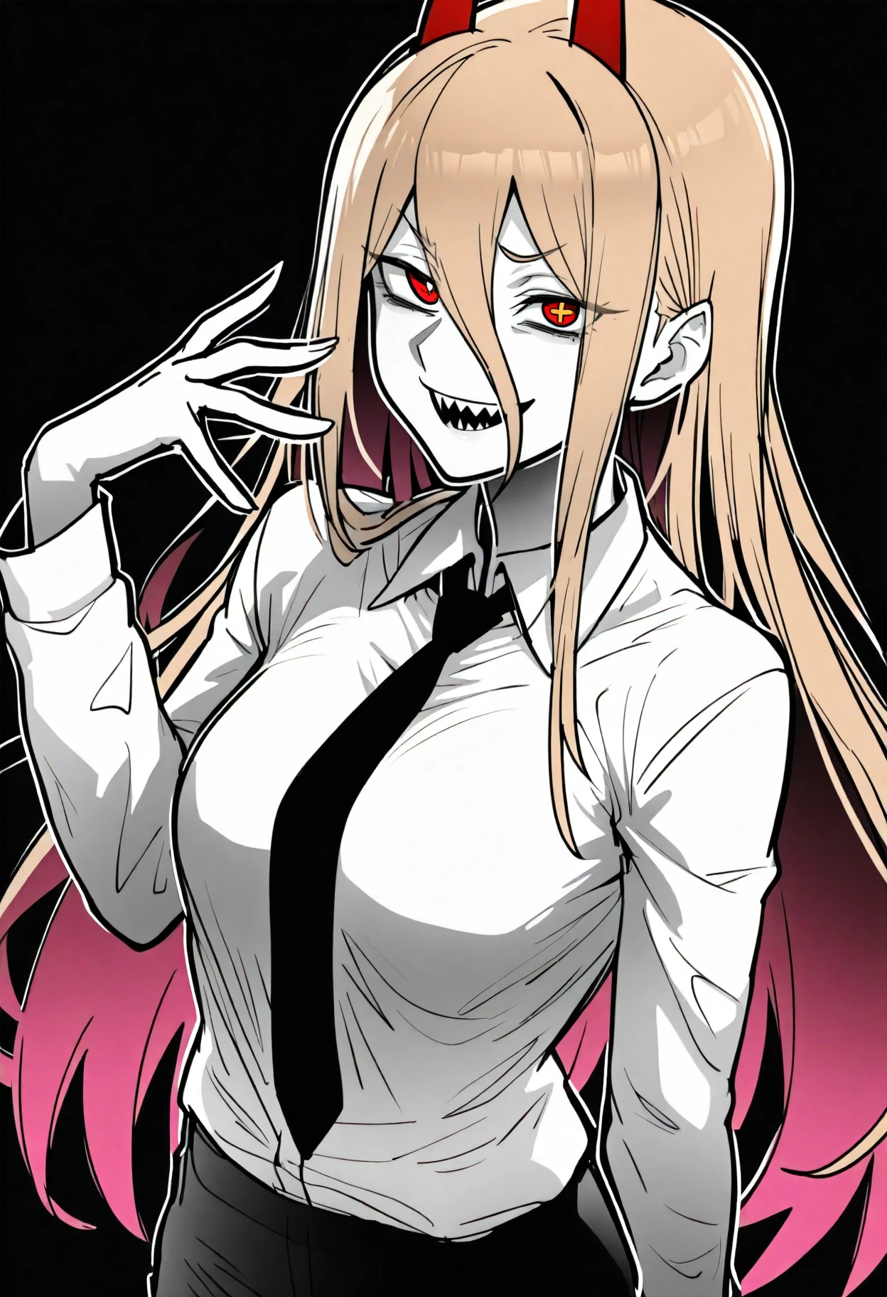 best quality, amazing quality, very aesthetic, absurdres,
monochrome, greyscale, ebiblue, gesugao, 
1girl, power \(chainsaw man\), pink hair, blonde hair, red horns, red eyes, cross-shaped pupils, long hair, sharp teeth, hair between eyes, symbol-shaped pupils,
collared shirt, black necktie, long sleeves,
(glowing eyes:0.5), smile, looking at viewer, solo, sketch, black background  <lora:EbiblueIllustriousXL_byKonan:1>  <lora:ShadowHeartIllustrious_byKonan:0.8>