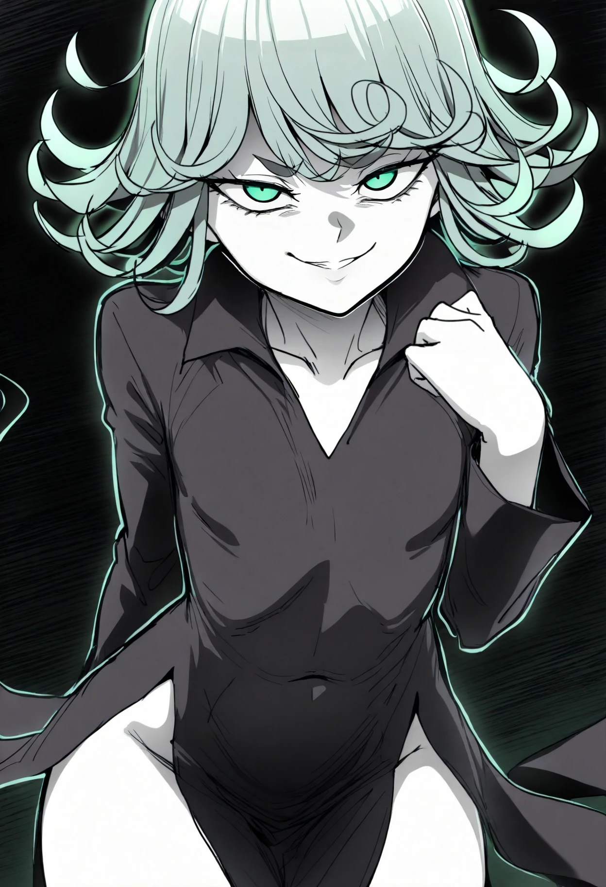 best quality, amazing quality, very aesthetic, absurdres,
monochrome, greyscale, ebiblue, gesugao, 
1girl, tatsumaki, one-punch man, green hair, green eyes,  thick eyebrows, flat chest, smug, black dress,
(glowing eyes:0.5), smile, looking at viewer, solo, sketch, black background  <lora:EbiblueIllustriousXL_byKonan:1>   <lora:LucynaIllustriousXL_byKonan:1>