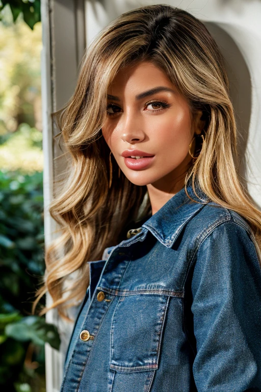 denim jacket a breathtaking glamour photo of a sexy woman,  <lora:LauraSchultzV1:0.9>, 1girl, solo,  long hair, realistic, brown eyes, lips, , looking at viewer, blonde hair, outdoors, 35 mm prime lens, natural lighting,  posing in front of a white wall, outdoors, <lora:last_tushy_pose:0.8> tushy_pose, detailed skin texture, (blush:0.5), (goosebumps:0.5), subsurface scattering, RAW candid cinema, 16mm, color graded portra 400 film, remarkable color, ultra realistic, textured skin, remarkable detailed pupils, realistic dull skin noise, visible skin detail, skin fuzz, dry skin, shot with cinematic camera