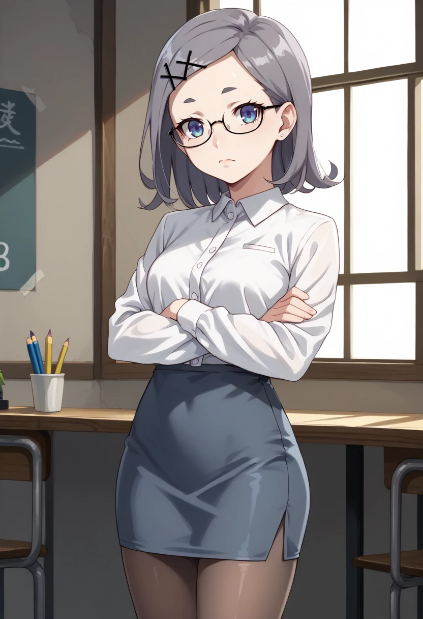 score_9, score_8_up,
1girl, <lora:MenikoHamukai_OffSeason_PDXL:0.8>, menikohamukai, grey hair, blue eyes,
semi-rimless eyewear, x hair ornament,
crossed arms,
pencil skirt, pantyhose,
indoors