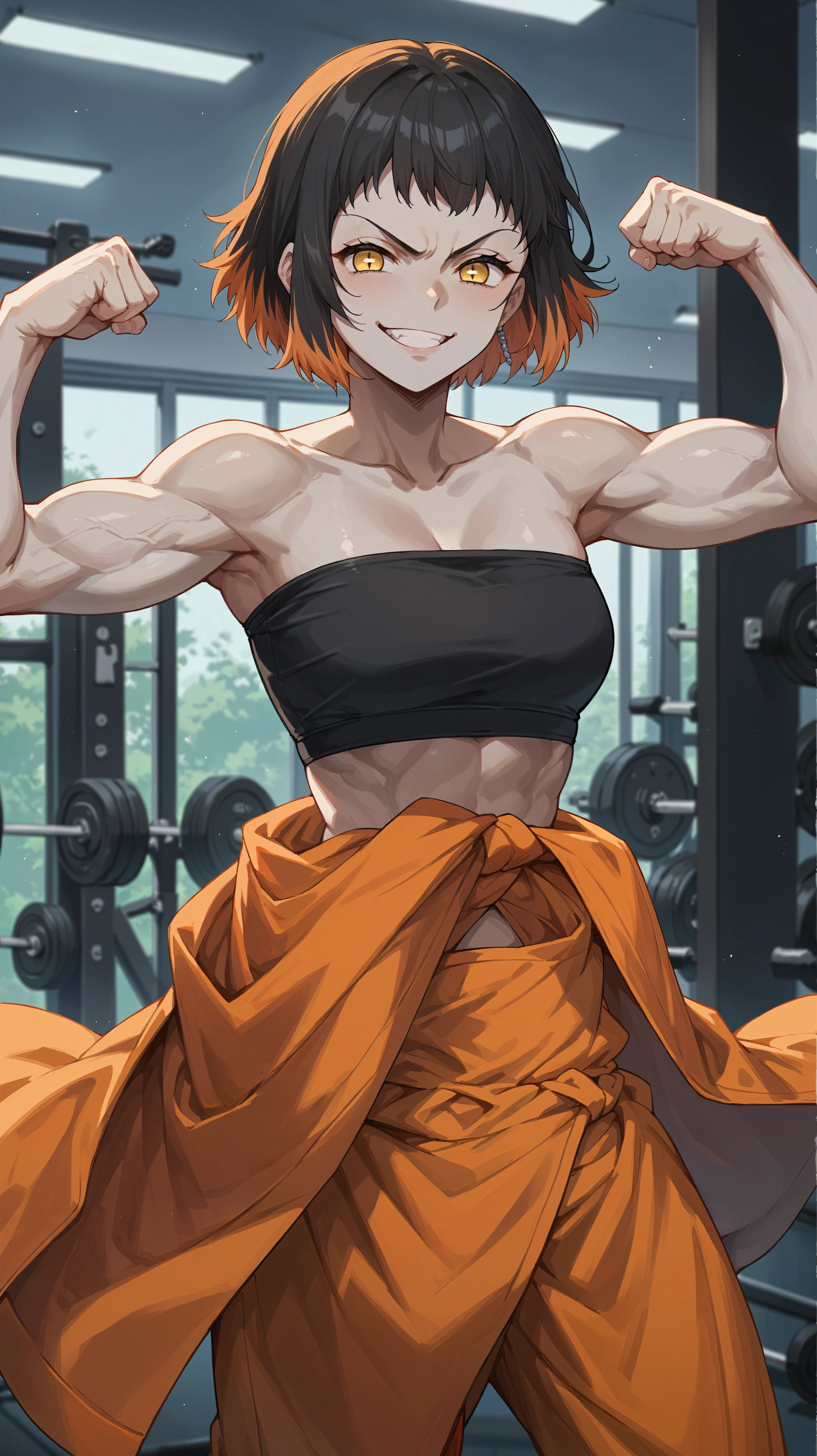 score_9,score_8_up,score_7_up,score_6_up, source_anime, zPDXL3, <lora:xl_more_art-full_v1:0.5>, girl, dynamic pose, (flexing), <lora:Susamaru - Pony-000004:0.8>, pale skin, gray skin, short hair, black hair, orange hair, multicolored hair, two-tone hair, yellow eyes, black sports bra, bare arms, clothes around waist, gym, smirk,